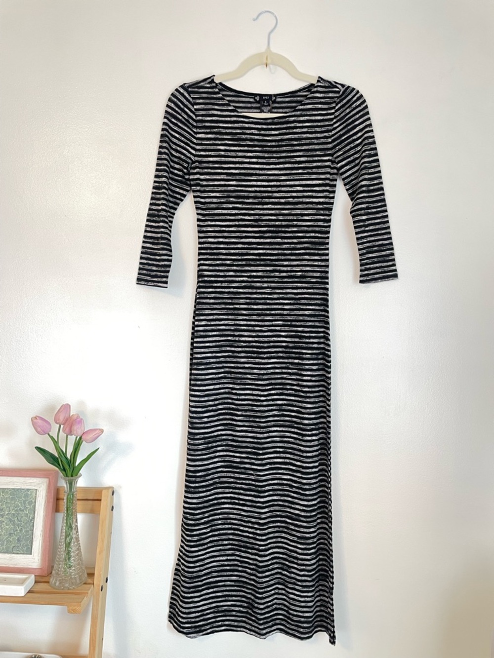 IRIS black and white striped maxi dress with high side slit size small nwt